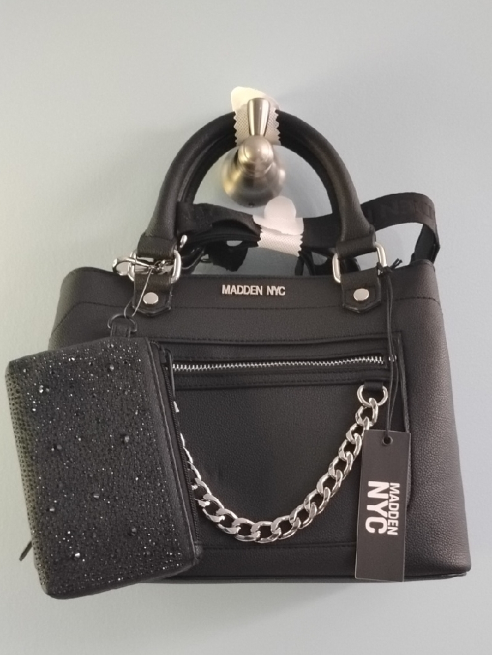 NWT Steve Madden Black Pebbled Satchel with Chain Accent And Sparkly Pouch